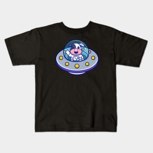 Cute Cow Astronaut in UFO Cartoon Kids T-Shirt